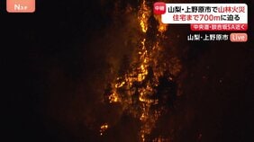 山梨・上野原市 山林火災 延焼続く 住宅まで700メートル 談合坂SA近く けが人や建物への延焼確認されず|TBS NEWS DIG