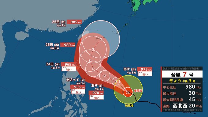 【台風情報】台風7号「メーカラー」最大瞬間風速60メートルへと発達予想…フィリピン東を西北西へ時速20キロで移動　今後の予想進路、雨と風のシミュレーションを見る（気象庁）|TBS NEWS DIG