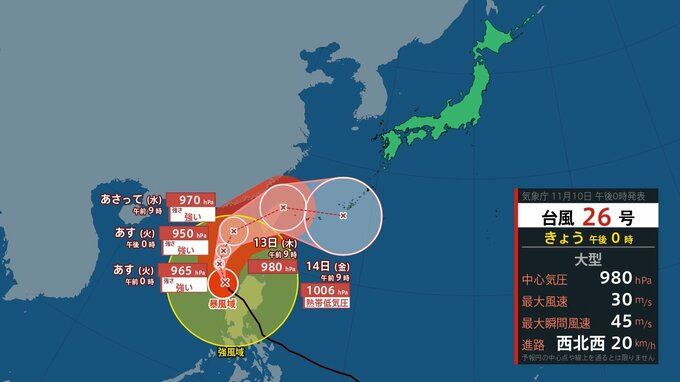 【台風情報】“大型”の台風26号 13日には台湾から沖縄・先島諸島周辺へ 14日朝には沖縄本島周辺で熱帯低気圧に？【予想進路・雨風シミュレーション・10日午後1時更新】　|　新潟のニュース・天気｜BSN NEWS｜BSN新潟放送