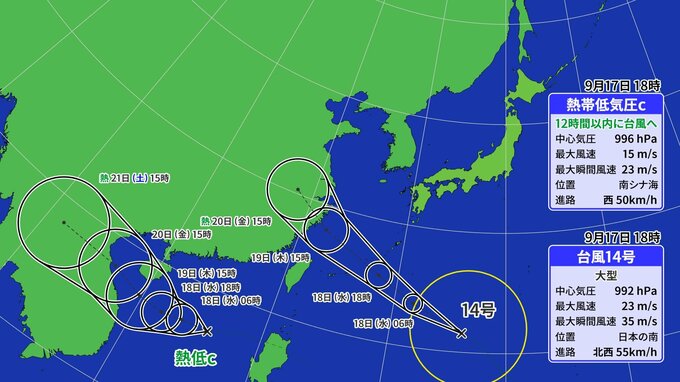 【台風情報】台風14号に続き…15号発生か　次の3連休も秋雨前線活発化で全国的に雨予想　最新進路・雨風シミュレーション|TBS NEWS DIG