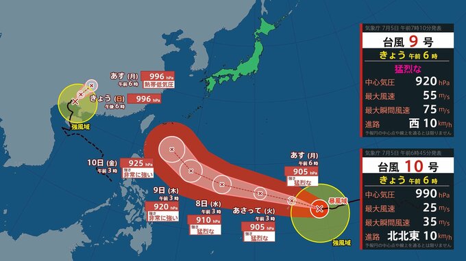 【台風情報】9号「バービー」猛烈な勢力、最大瞬間風速80m/s予報…沖縄の南へ　日本への影響、進路は？台風10号「メイサーク」も　今後の雨と風のシミュレーション（気象庁）|TBS NEWS DIG