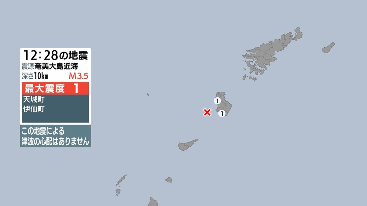 奄美大島近海で地震 天城町などで最大震度１ 津波の心配なし