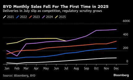 ＢＹＤ株下落、７月のＥＶ販売伸び悩む－年間目標の達成に疑問符