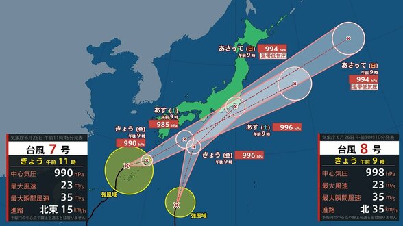【台風情報】台風7号・8号が週末に日本列島へ接近 最大瞬間風速35ｍ、土曜日は太平洋側を中心に大雨に警戒《気象庁26日午前11時45分発表》【最新進路予想と雨・風シミュレーション】|TBS NEWS DIG