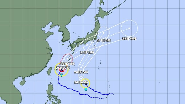 【台風情報】26日沖縄本島地方に最接近か...台風7号(メーカラー)　27日には関東接近のおそれ　台風8号(ヒーゴス)の進路予想も　九州、四国、近畿、東海への影響は？　沖縄や全国の天気を画像で　気象庁【ダブル台風】　|TBS NEWS DIG