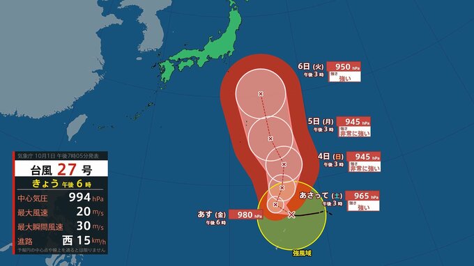 【台風情報】台風のたまご→台風27号（チョーイワン）へ発達　6・7日にも関東はじめ東日本に接近か　雨と風のシミュレーションを見る（気象庁1日午後6時45分発表）|TBS NEWS DIG