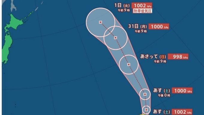 【台風情報】新たな台風のたまご→台風23号に発達へ...ウェーク島近海を北東20km/hの速さで進行中 今後の進路、日本への影響は？9月7日までの雨・風シミュレーションで確認【気象庁28日13時20分発表】|TBS NEWS DIG