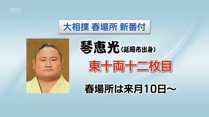 大相撲春場所 番付発表　琴恵光(延岡市出身)は東十両十二枚目に　|　MRTニュース ｜ ＭＲＴ宮崎放送