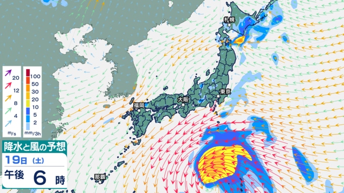 19日午後6時の降水と風の予想