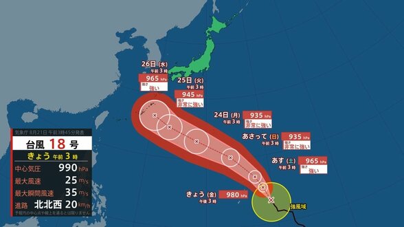 【台風情報】台風18号 発達しながら北上へ…26日にかけて「非常に強い」勢力で日本の南に接近おそれ　21日午前3時現在、マリアナ諸島を北上中【雨と風のシミュレーション】　|　富山のニュース｜天気・防災｜チューリップテレビ