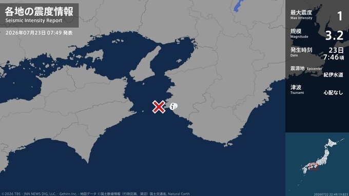 和歌山県で最大震度1の地震　和歌山県・御坊市、日高川町|TBS NEWS DIG