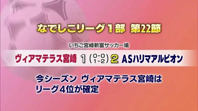 ヴィアマテラス宮崎　なでしこリーグ1部　最終戦の結果　|　MRTニュース ｜ ＭＲＴ宮崎放送