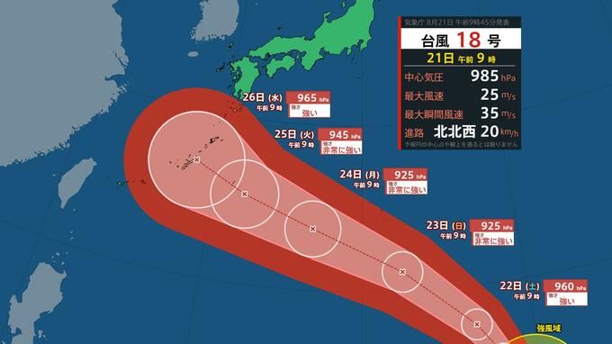 【台風18号】さらに予想強まる…最大瞬間風速70m/s・925hPaへ　非常に強い勢力で接近し、26日頃に沖縄本島へ【21日午前11時半最新】|TBS NEWS DIG
