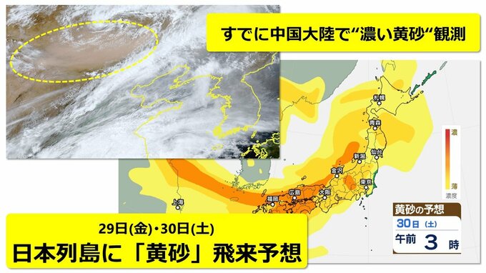 日本列島に「黄砂」飛来予想　29日･30日に北日本～西日本の広範囲　すでに中国大陸で“濃い黄砂”観測　衛星画像に茶色いエリア　呼吸器疾患やアレルギー体質の方は注意を|TBS NEWS DIG
