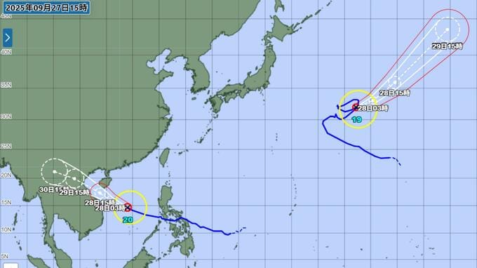 【台風情報】19号ぐるり一回転し東へ　20号は「強い」勢力で大陸へ　最新予想進路|TBS NEWS DIG