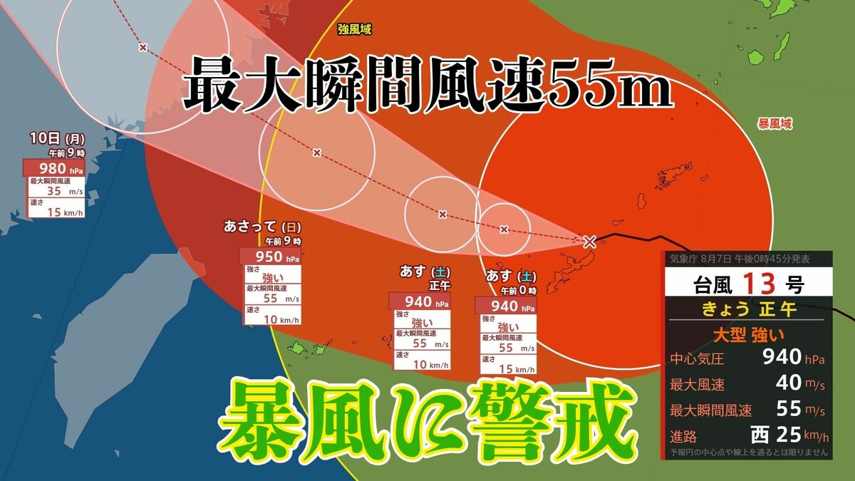 【台風情報】台風13号　大型で強い勢力のまま進路を西に　9日まで暴風続く地域も　（今後の雨・風のシミュレーション画像）