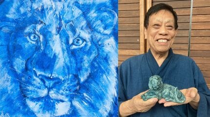 インディゴブルーのライオン」木村玉舟さんが「白備前」に「デニム染料