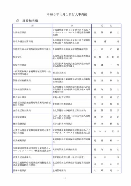 福島県職員人事異動2024年（令和6年春）課長相当職以上の職員の異動