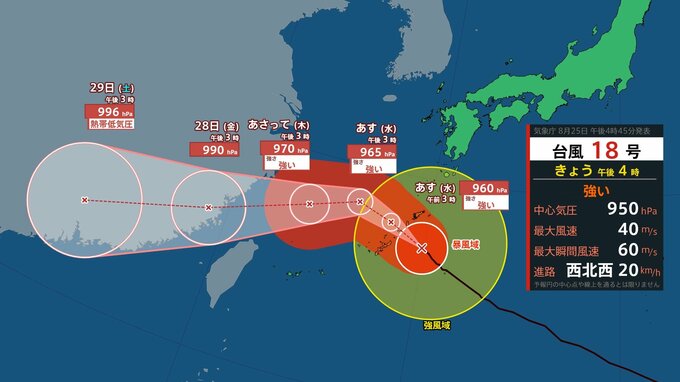【台風18号 ソウデル】強い台風18号が奄美・沖縄本島にかなり接近 中心気圧は950hPa 最大瞬間風速は秒速60メートル 25日夜〜26日に“住家が倒壊する恐れ”猛烈な風吹く見込み|TBS NEWS DIG