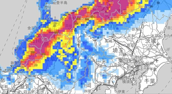 【大雪情報 】長野県・関東北部は6日昼前、7日夜～９日頃にかけて大雪となる所も　積雪量：栃木・日光市土呂部45センチ　群馬・みなかみ町藤原186センチ　長野県・野沢温泉180センチ（6日午前5時現在）【大雪と雨と風のシミュレーション】　|　富山のニュース｜天気・防災｜チューリップテレビ