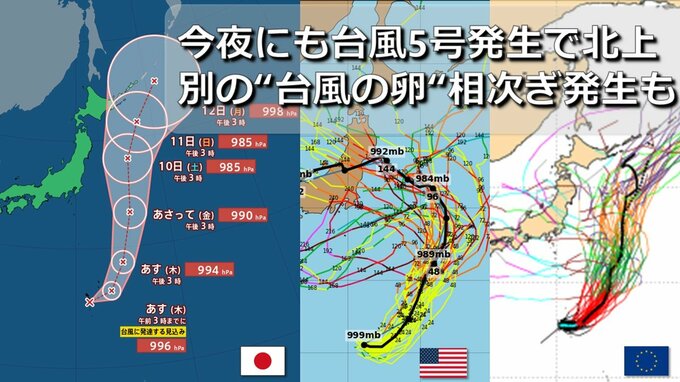 【台風情報】今夜までに台風5号発生へ　気象庁は関東の東海上を北上予想　来週にかけて「モンスーンジャイア」で “台風の卵” 相次ぎ発生も　お盆は別の熱帯低気圧による日本列島の影響は　日米欧進路予想比較　　|　RCC NEWS | 広島ニュース | RCC中国放送