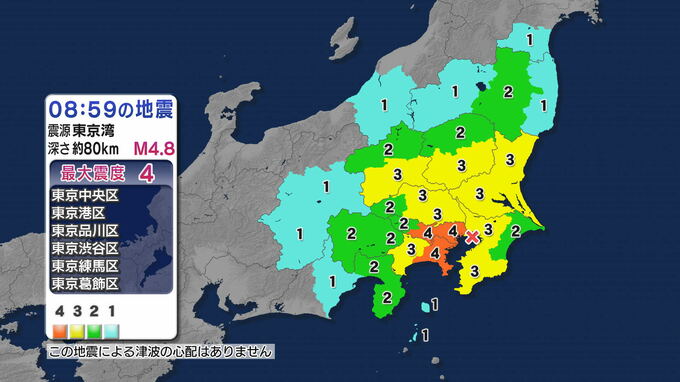 熱海市、富士市などで震度2　東京都などで最大震度4のやや強い地震　震源は東京湾　マグニチュード4.8|TBS NEWS DIG