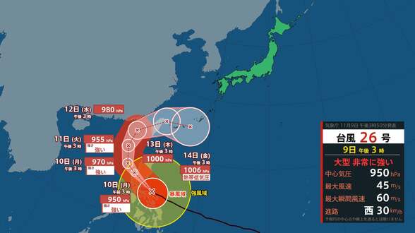 “大型で非常に強い”台風26号…14日にかけ沖縄方面へ　950hPa・中心付近の最大風速45mでフィリピンの東を西へ　【雨と風のシミュレーション】　|　富山のニュース｜天気・防災｜チューリップテレビ