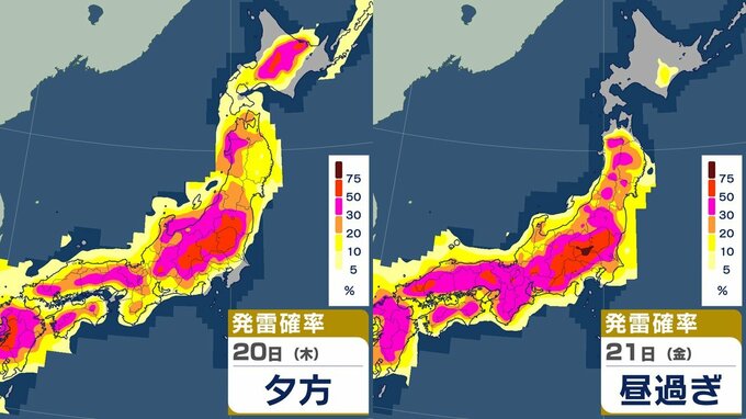 【大雨・ゲリラ雷雨情報】20日（木）は北日本を中心に大雨か　関東や九州では“ゲリラ雷雨”に注意必要？　発雷確率が高まる時間帯が…　21日（金）も昼過ぎから関東中心に発雷確率高まるか　雨風シミュレーションあり|TBS NEWS DIG