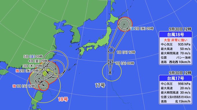 【台風情報】台風17号 あす関東に最接近か 大型で非常に強い勢力の台風18号は…10月3日に暴風域伴って沖縄地方に接近か 日本の南にダブル台風 最新進路・雨風予想|TBS NEWS DIG