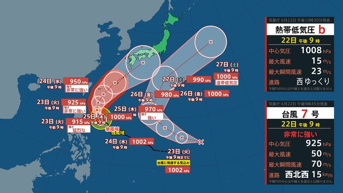 【ダブル台風発生へ】台風のたまご『熱帯低気圧b』が新たに台風に…一方、台風7号は猛烈な勢力へ　予報円内に近畿・中国・四国・九州・沖縄【気象庁･台風情報、雨と風の予想シミュレーション】|TBS NEWS DIG