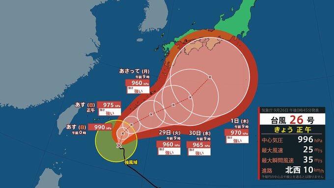 【台風情報】ノロノロ…急カーブした後はゆらゆらと… 台風26号(スリゲ) 沖縄から九州・四国・本州(近畿・関東など)にゆっくり接近の予報 最大瞬間風速60m/s“強い”勢力へ 雨と風のシミュレーション (気象庁26日午前0時45分発表)|TBS NEWS DIG