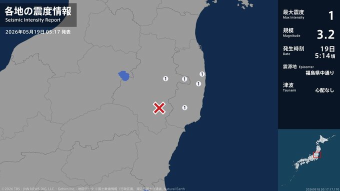 福島県で最大震度1の地震　福島県・田村市、いわき市、大熊町、浪江町|TBS NEWS DIG
