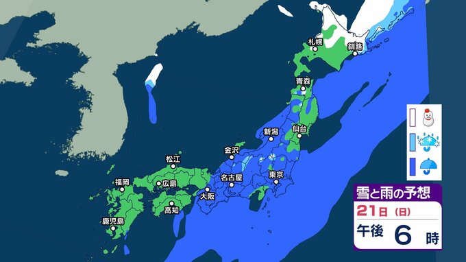 あす21日(日)は北海道から九州まで広い範囲で雨や雪　寒気が流れ込み22日(月)は日本海側で雪となる所も【今後の雨と雪のシミュレーション（3時間ごと）・20日午後8時更新】|TBS NEWS DIG