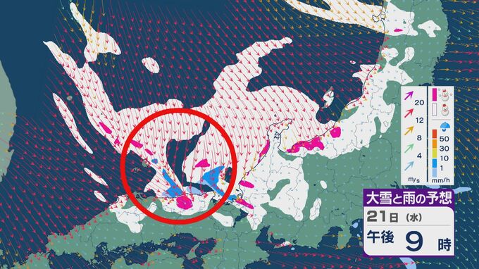 【大雪情報】21日(水)～22日(木)は「JPCZ」による発達した雪雲が山陰・近畿北部・北陸に流れ込み大雪に 24時間予想降雪量の最大は北陸で100センチ 近畿で70センチに 雪と風シミュレーション|TBS NEWS DIG