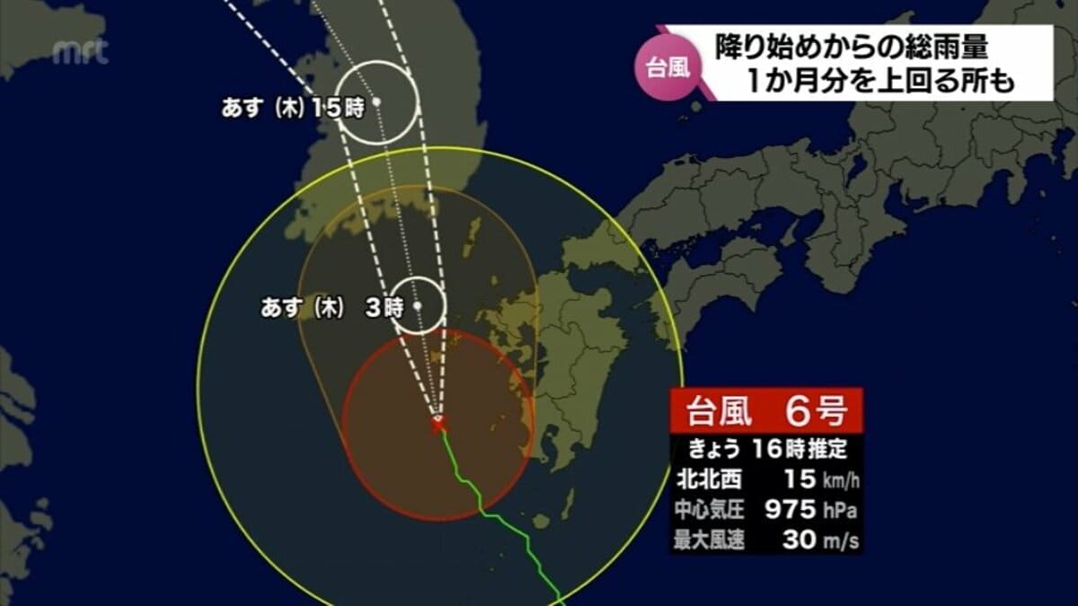台風情報】台風6号 宮崎県内で大雨 降り始めからの総雨量 1か月分を