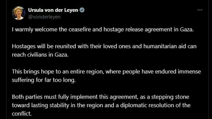 【速報】ガザ停戦合意うけ EU委員長「地域全体に希望をもたらす」|TBS NEWS DIG
