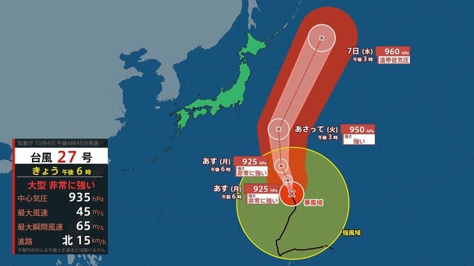 【台風情報】“大型”“非常に強い勢力”台風27号（チョーイワン）　5日にも中心気圧925ヘクトパスカル・最大瞬間風速70メートルへと発達見込み　今後の予想進路は？　雨と風のシミュレーションを見る（気象庁4日午後6時45分発表）|TBS NEWS DIG