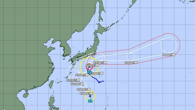 【台風情報】"台風のたまご" が台風23号(ナクリー)に発達し "ダブル台風" に　23号は今後急カーブし日本列島に接近の可能性　台風22号(ハーロン)の勢力と進路を詳しく　 全国の天気を画像で　進路予想　気象庁|TBS NEWS DIG