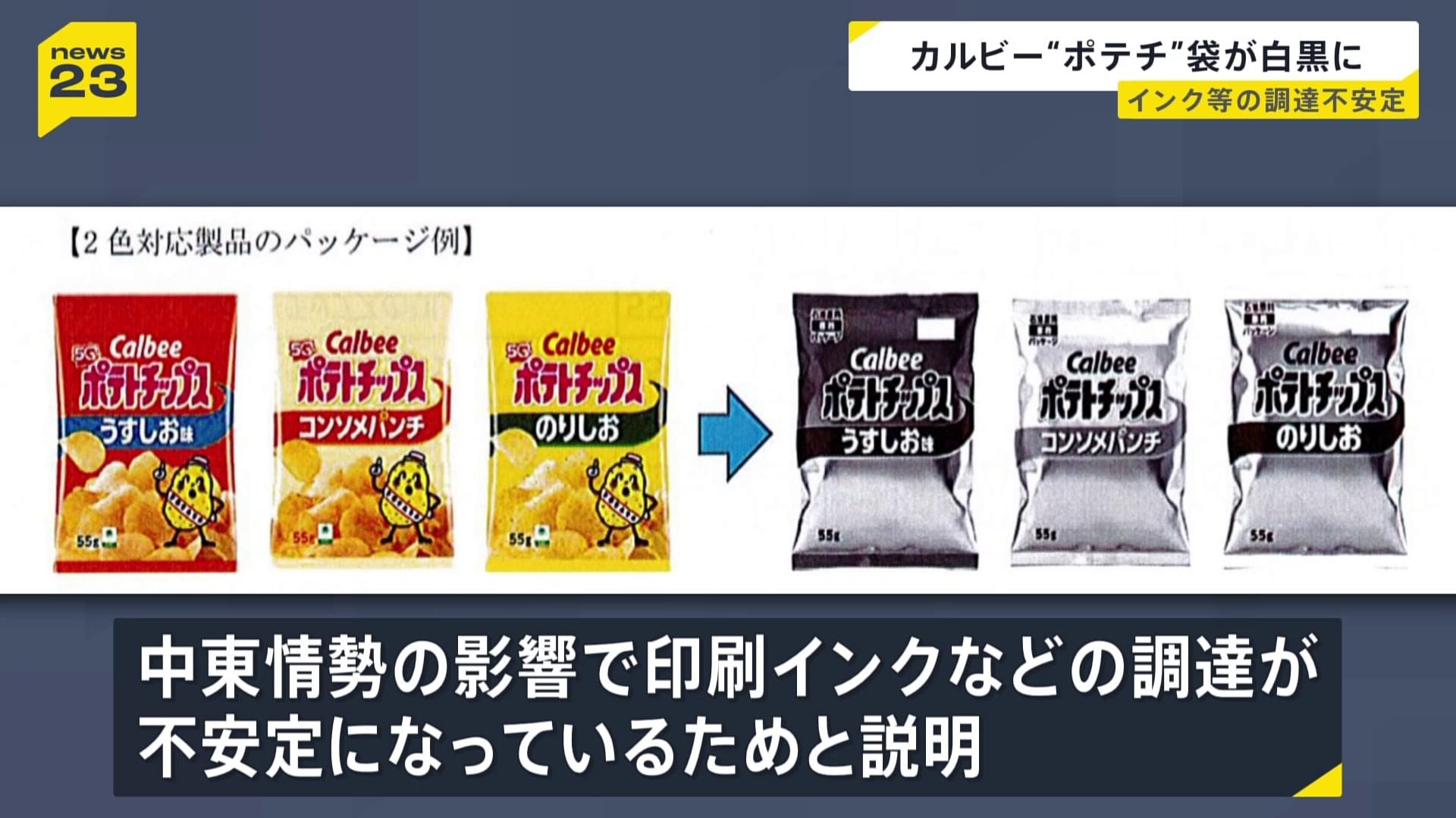 カルビー「ポテトチップス」のパッケージが白黒2色へ 中東情勢の緊迫化 