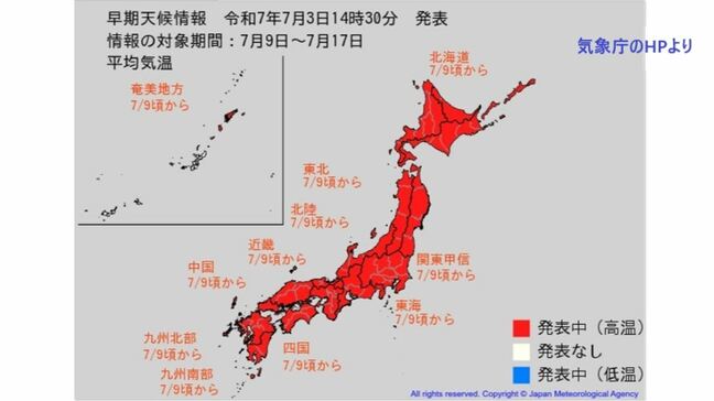 7月9日頃からかなりの高温になる見込み　関東甲信、北陸地方で＋2.7度以上　東北地方で＋2.5度以上　北海道、中国地方で＋2.4度以上【各地の2週間気温予報】|TBS NEWS DIG