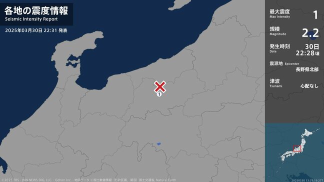 長野市で震度1の地震　震源の深さは約10キロ、マグニチュードは2.2と推定|TBS NEWS DIG