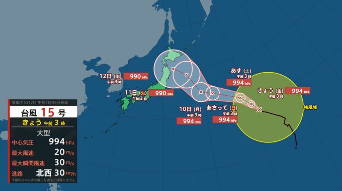 【台風情報】台風15号（チャンホン）12日にかけ東北地方上陸へ　今後の進路は？（7日午前3時現在）【雨風シミュレーション7日～12日】|TBS NEWS DIG
