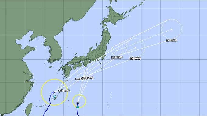 【台風情報】日本列島への影響はどうなる？ ダブル台風は27日に関東直撃の可能性...台風7号、8号の進路予想　今後の全国の天気を画像で　気象庁　|　山形のニュース│TUYテレビユー山形