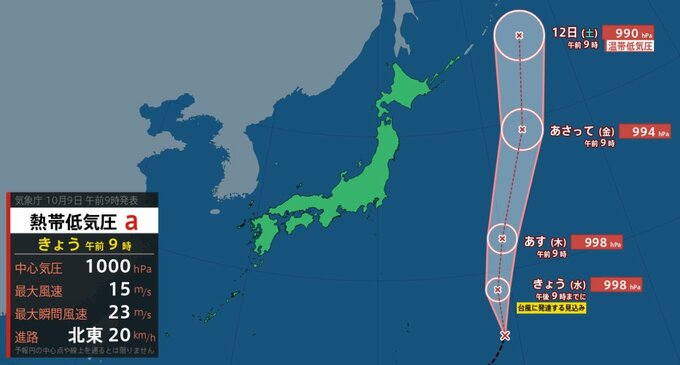 【台風情報 9日正午半更新】台風のたまご…今夜までに台風に発達か　9日は南鳥島近海を北上【雨と風のシミュレーション】秋雨前線の南下で気温低下、雨の一日に　|　富山のニュース｜天気・防災｜チューリップテレビ