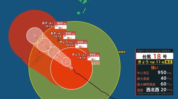 【台風情報】台風18号（ソウデル）強い勢力で西北西へ…中心気圧950ヘクトパスカル、最大瞬間風速60mで沖永良部島など沖縄・奄美へ接近　暴風高波に厳重警戒【雨と風のシミュレーション】　|　富山のニュース｜天気・防災｜チューリップテレビ