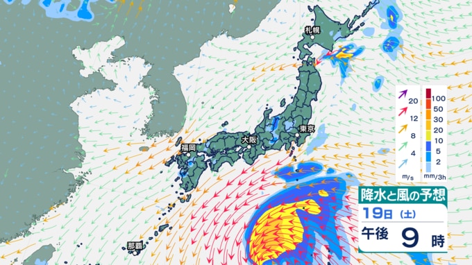 19日午後9時の降水と風の予想