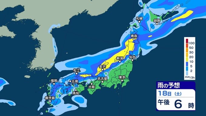 北日本から西日本を前線が通過し寒気が南下　雷を伴った“バケツをひっくり返したような”激しい雨の所も　落雷や急な強い雨などに注意【3時間ごとの雨シミュレーション・18日正午更新】|TBS NEWS DIG