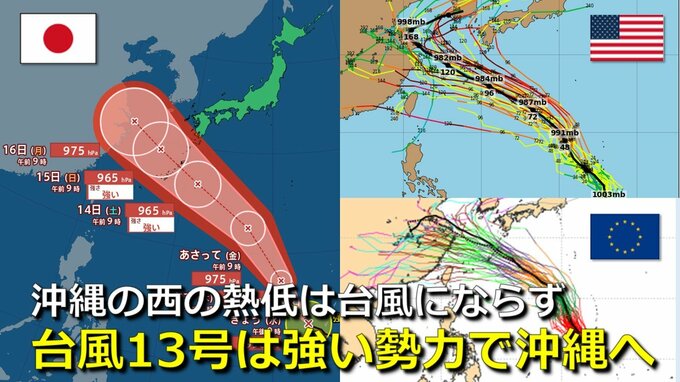 【台風情報】台風13号は３連休に沖縄方面に大きな影響おそれ　一方で沖縄の西の熱帯低気圧は台風にならず　気象庁発表　さらに“次の熱帯じょう乱”も発生・北上の可能性は　気象庁・アメリカ・ヨーロッパ進路予想比較【16日までの雨・風シミュレーション】|TBS NEWS DIG
