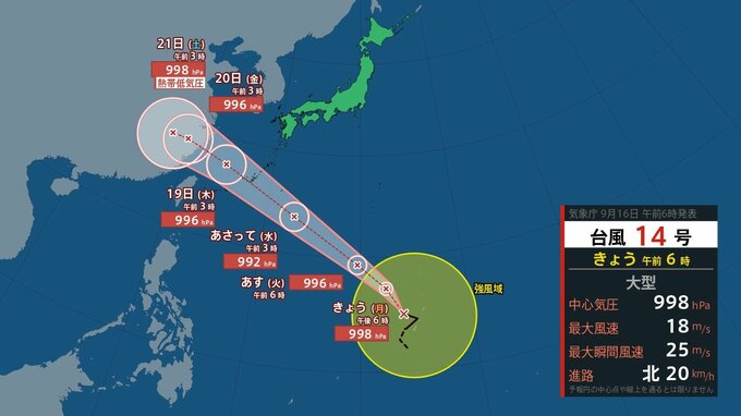 台風14号情報　このあとは最大で風速35メートルを予想　進路は沖縄地方直撃コース　|　山形のニュース│TUYテレビユー山形