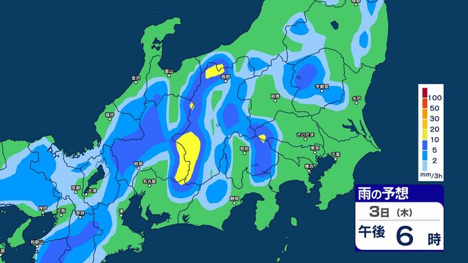 【大雨情報】関東甲信地方　大気の状態不安定　３日夜遅くにかけてと４日午後　土砂災害、河川の増水、低地の浸水に警戒・注意を　関東北部・甲信100ミリ　関東南部60ミリ（～4日午後6時まで・多い所）【雨のシミュレーション画像】気象庁|TBS NEWS DIG
